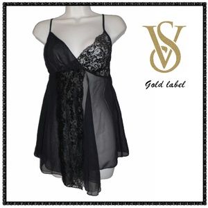 VICTORIAS SECRET Nightie S Black SHEER & LACIE TRIM Asymmetrical Hem VS Vintage